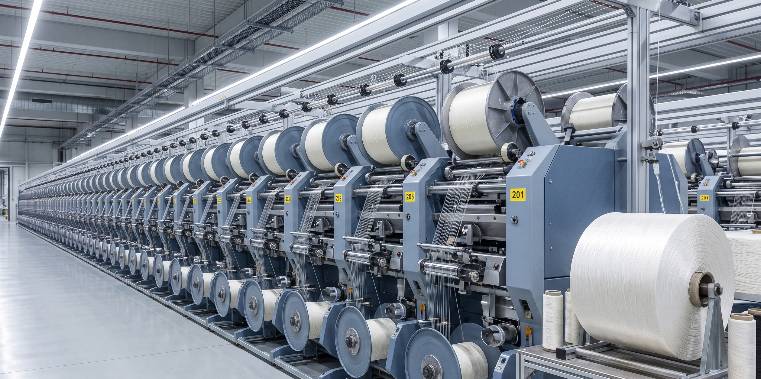 A pristine, modern industrial factory floor featuring a long, continuous row of grey automated textile spinning machines loaded with large spools of white synthetic yarn.